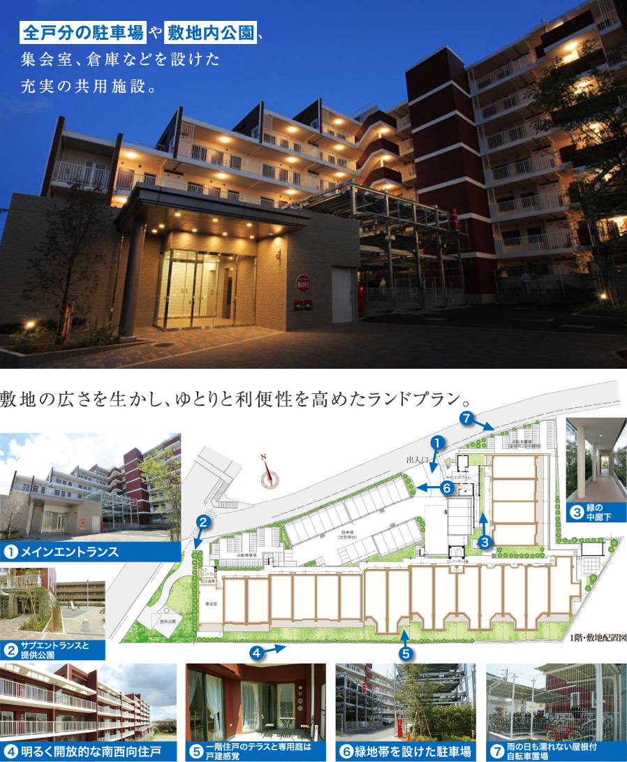 全戸分の駐車場や敷地内公園、集会室、倉庫などを設けた充実の共用施設。